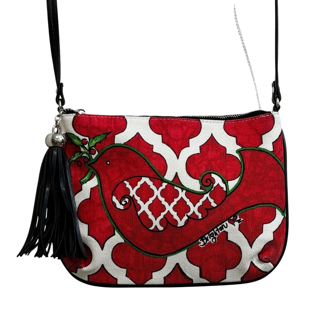 Brighton Love Dove Red‎ White Quatrefoil Canvas Crossbody Bag with Tassel